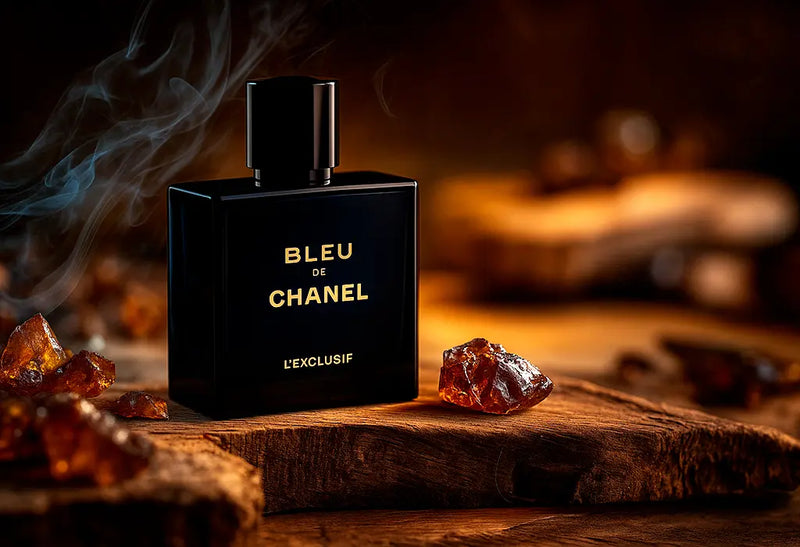 Chanel Bleu L'Exclusif fragrance bottle on a wooden surface with amber stones and dramatic lighting.