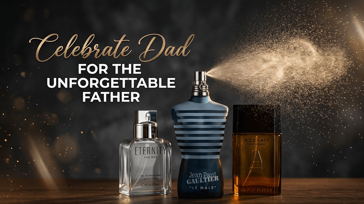 Three perfume bottles with a dark background and text celebrating Father's Day.