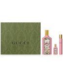Gucci Flora Gorgeous Gardenia perfume set featuring three pieces in elegant packaging.