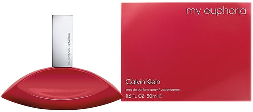 Calvin Klein My Euphoria Eau de Parfum bottle and packaging with a floral design and vibrant red color.