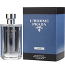 Prada L'Homme L'eau fragrance bottle and packaging, a Woody Chypre scent for men.