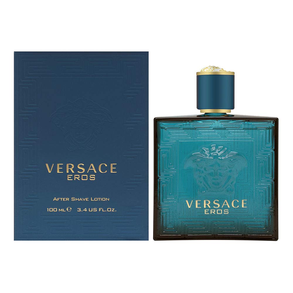 Versace Eros after shave lotion bottle and packaging showcasing a woody fresh fragrance.