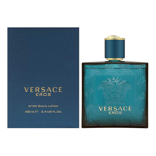 Versace Eros after shave lotion bottle and packaging showcasing a woody fresh fragrance.