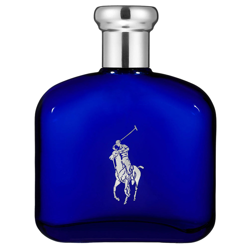 Polo Blue Eau de Toilette bottle in a stylish blue design with a silver top and logo.
