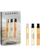 Azzaro Wanted Travel Set featuring three 10ml Eau de Parfum sprays: Azzaro Wanted, The Most Wanted, and The Most Wanted Intense.