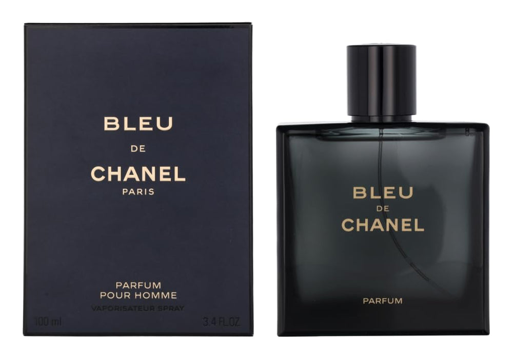 Chanel Bleu Parfum men fragrance in a dark blue bottle with elegant packaging for a sophisticated scent.