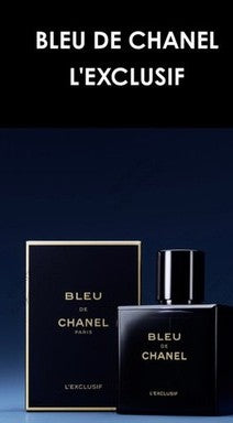 Chanel Bleu L'Exclusif fragrance bottle and packaging displayed against a dark background.