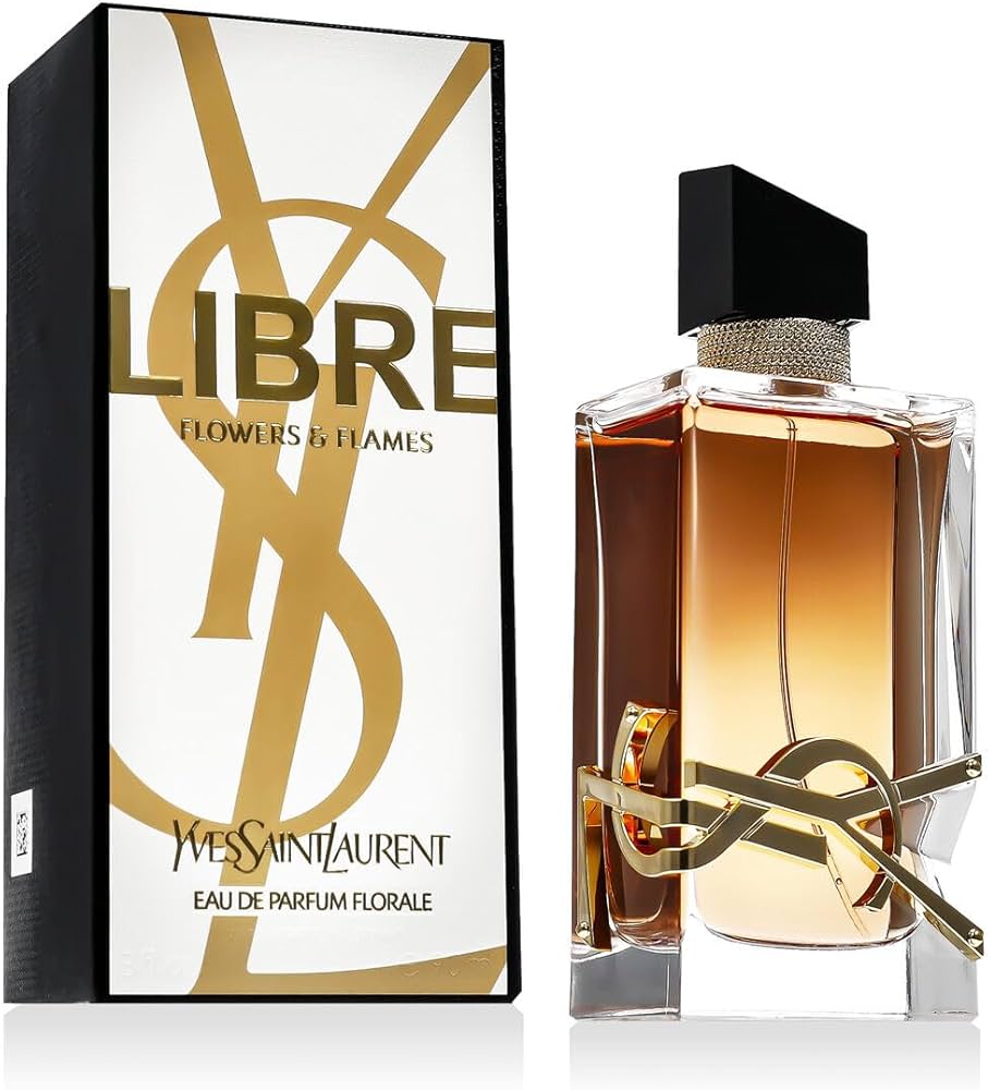 Yves Saint Laurent Libre Flowers & Flames Eau de Parfum bottle and box with elegant design.