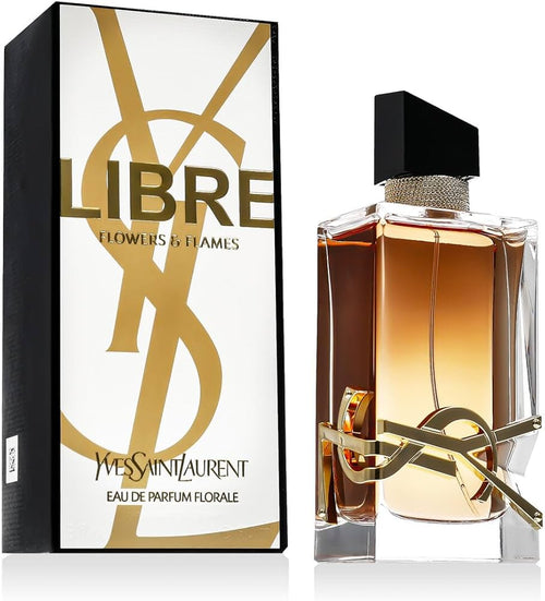 Yves Saint Laurent Libre Flowers & Flames Eau de Parfum bottle and box with elegant design.