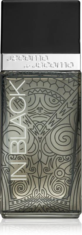 Jacomo de Jacomo In Black EDT bottle with intricate design and black cap, a fresh aromatic fragrance for men.