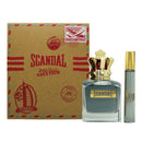 Jean Paul Gaultier Scandal Pour Homme gift set featuring bottle and travel spray in stylish packaging.