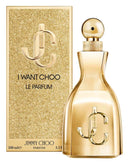 Jimmy Choo I Want Choo fragrance bottle and box displaying glamorous gold design
