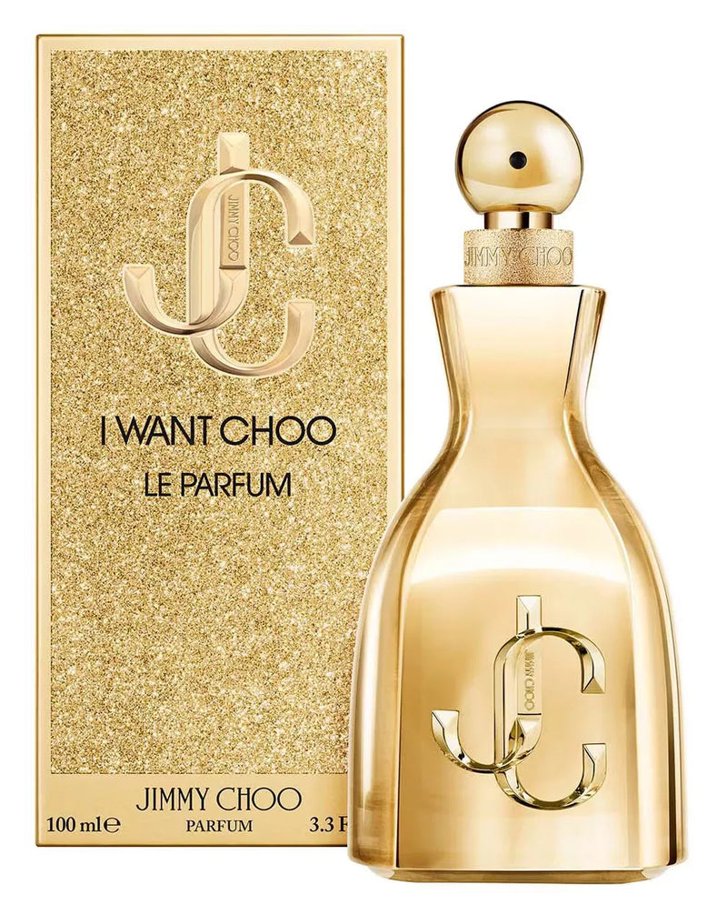 Jimmy Choo I Want Choo fragrance bottle and box displaying glamorous gold design