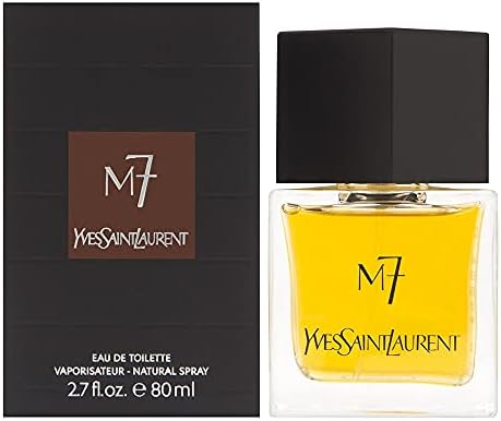 Yves Saint Laurent M7 Eau de Toilette in a sleek bottle with packaging, showcasing its fresh, spicy, and woody scent.