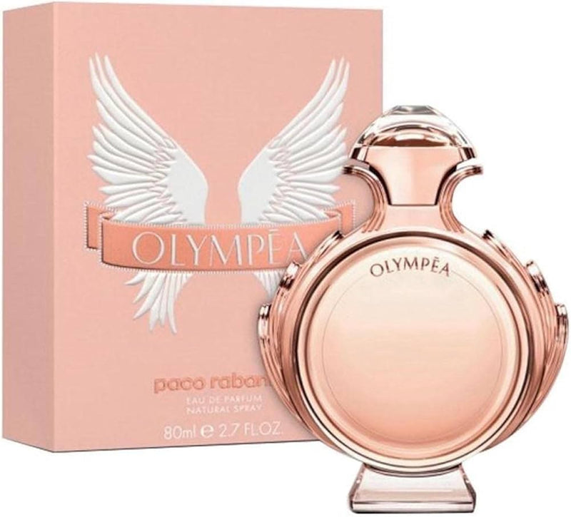 Paco Rabanne Olympea perfume bottle and packaging, a fresh amber scent with floral and salty vanilla notes.