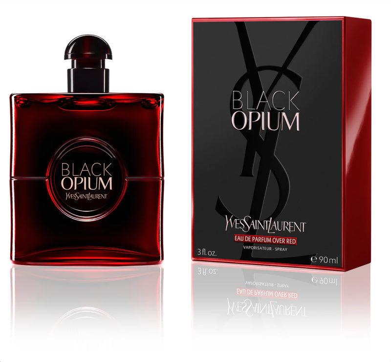 Black Opium Eau de Parfum. Over Red packaging with a sleek red bottle and stylish box design from Yves Saint Laurent.
