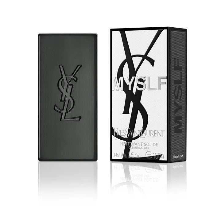 Yves Saint Laurent Myslf cleansing bar packaging and product display in sleek black design.